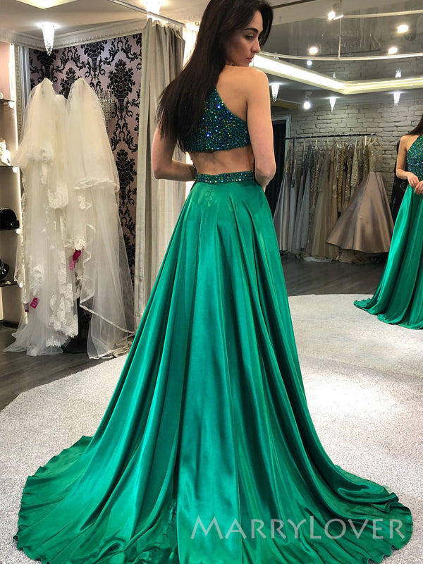 Halter A-line Emerald Satin Beaded Long Evening Prom Dresses, Custom Sparkly Prom Dress, MR8836