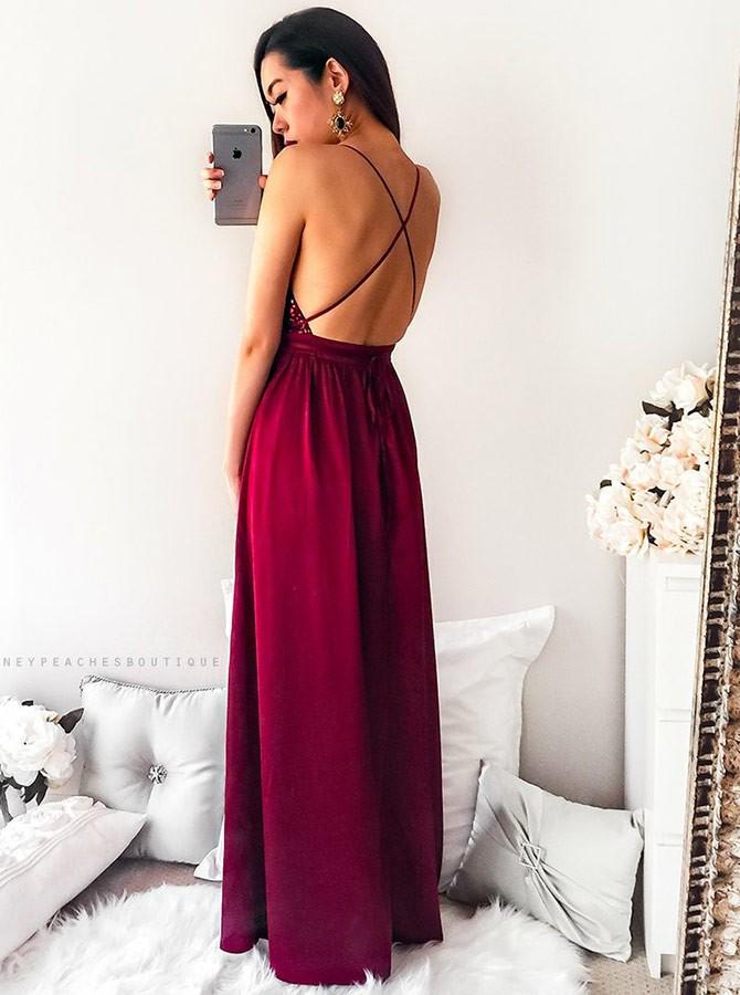 Floor-length Spaghetti Straps Sequins V-neck Split Red Long Prom Dress, PD0133