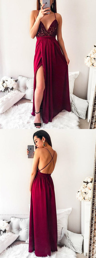 Floor-length Spaghetti Straps Sequins V-neck Split Red Long Prom Dress, PD0133