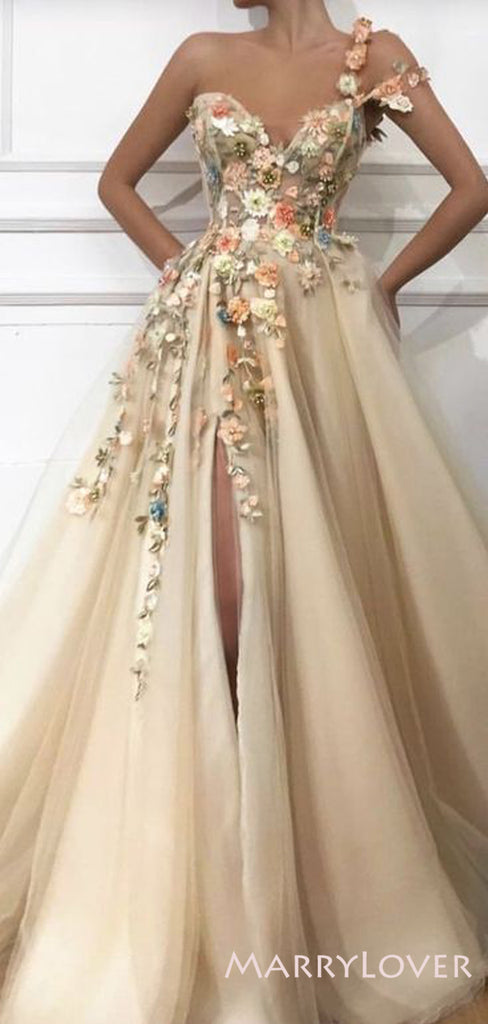 One Shoulder V Neck Champagne Tulle Appliques A-line Long Evening Prom Dresses, Cheap Custom V Neck Prom Dress, MR7430