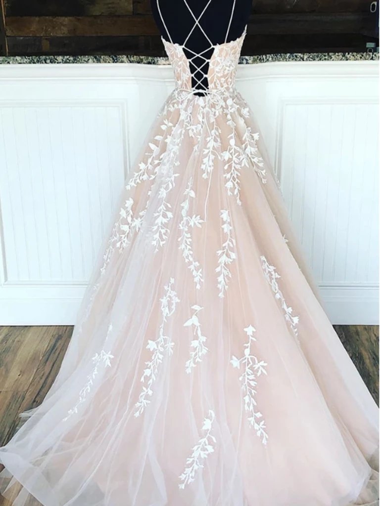 A-line Spaghetti Straps Lace-up Back Long Lace Appliques Prom Dresses, PD0628
