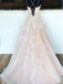 A-line Spaghetti Straps Lace-up Back Long Lace Appliques Prom Dresses, PD0628