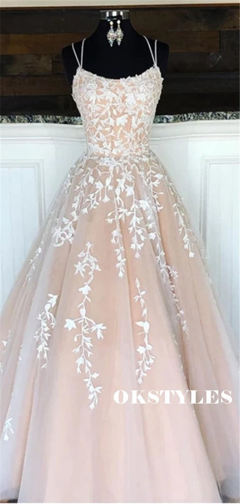 A-line Spaghetti Straps Lace-up Back Long Lace Appliques Prom Dresses, PD0628