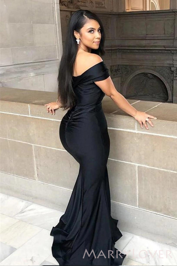 Off Shoulder Black Satin Long Mermaid Custom Bridesmaid Dresses , BN1153
