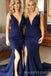 Sexy Deep V-neck Navy Blue Long Mermaid Side Slit Custom Bridesmaid Dresses , BN1176