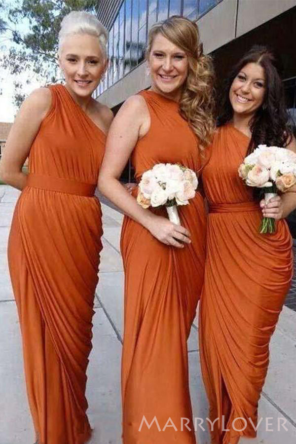 One Shoulder Burnt Orange Chiffon Long Custom Bridesmaid Dresses , BN1188