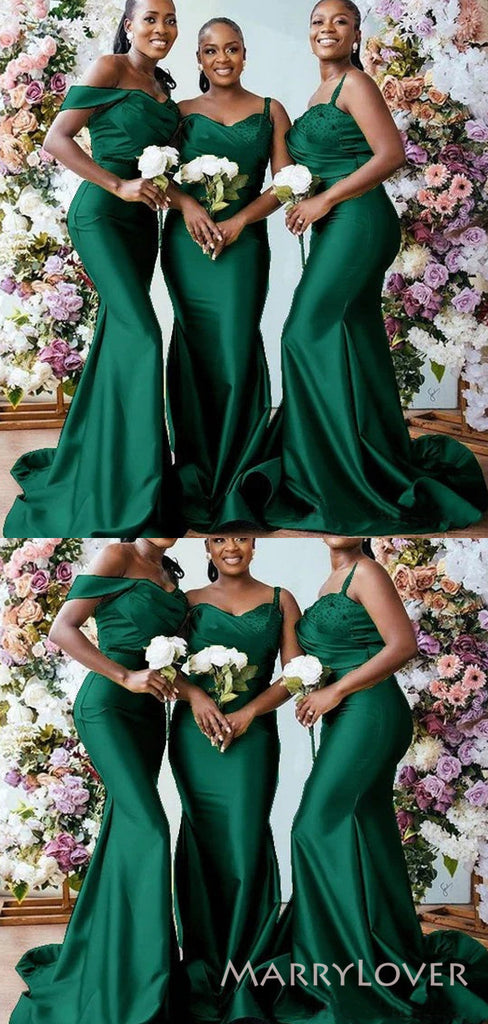 Dark Green Satin One Shoulder Mermaid Long Custom Bridesmaid Dresses , BN1198