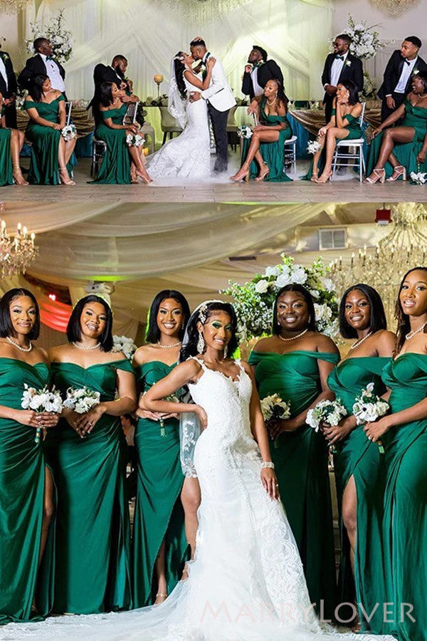 Off Shoulder Dark Green Sheath Long Side Slit Custom Bridesmaid Dresses , BN1201