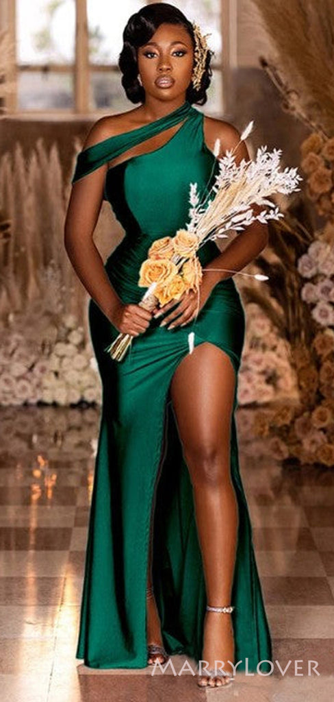 Mismatched Dark Green Satin  Mermaid Long Side Slit Custom Bridesmaid Dresses , BN1214