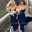 Simple Spaghetti Straps Navy Blue Chiffon Long Custom Bridesmaid Dresses , BN1218