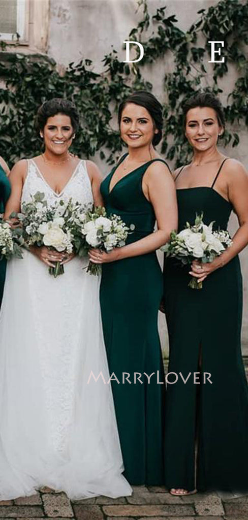 Mismatched Dark Green Long Side Slit Custom Bridesmaid Dresses , BN1222