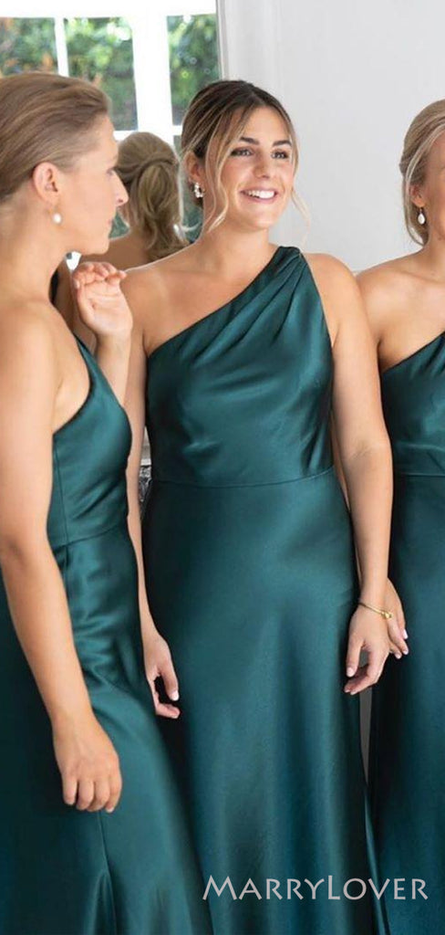 Simple Peacock Satin One Shoulder Long Custom Bridesmaid Dresses , BN1244