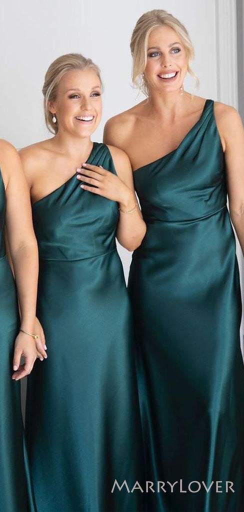 Simple Peacock Satin One Shoulder Long Custom Bridesmaid Dresses , BN1244