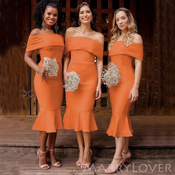 Orange Off Shoulder Mermaid Short Custom Bridesmaid Dresses , BN1254