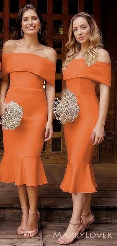Orange Off Shoulder Mermaid Short Custom Bridesmaid Dresses , BN1254