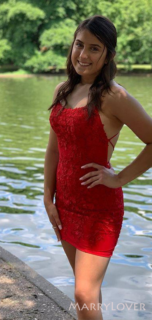 Sexy Spaghetti Straps Backless Appliques Short Homecoming Dresses, HM1001