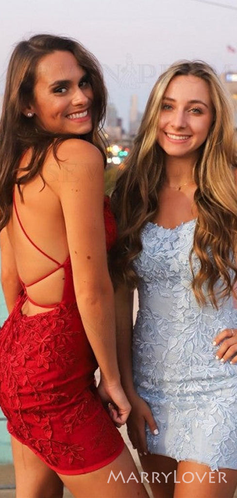 Sexy Spaghetti Straps Backless Appliques Short Homecoming Dresses, HM1001