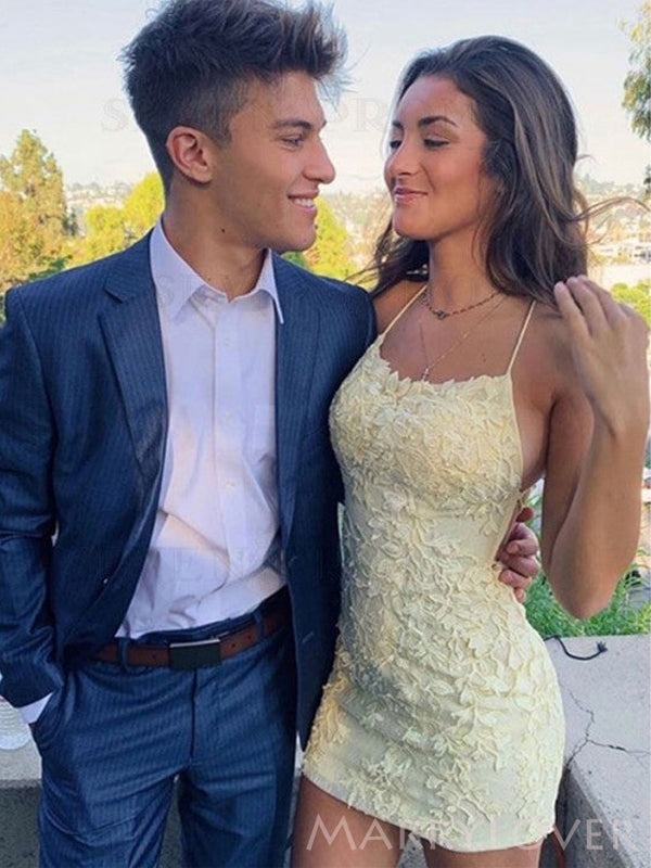 Sexy Spaghetti Straps Backless Appliques Short Homecoming Dresses, HM1001
