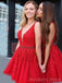 Red Tulle Appliques A-line Beaded V-neck Short Homecoming Dresses, HM1007