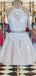 Champagne Tulle Appliques Beaded Short Halter Homecoming Dresses, HM1037