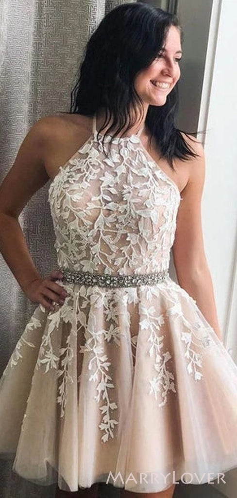 Champagne Tulle Appliques Beaded Short Halter Homecoming Dresses, HM1037