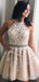 Champagne Tulle Appliques Beaded Short Halter Homecoming Dresses, HM1037