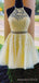 Champagne Tulle Appliques Beaded Short Halter Homecoming Dresses, HM1037