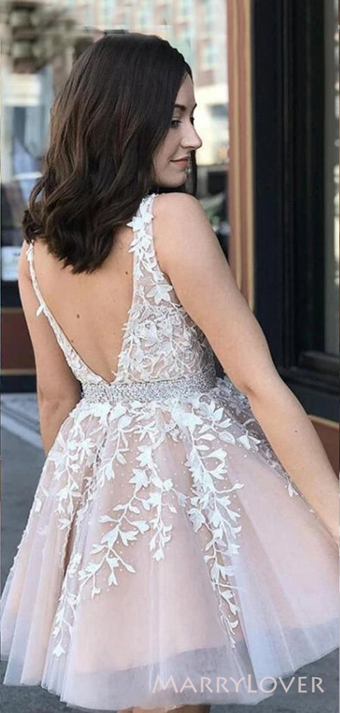 V-back A-line Champagne Tulle Appliques Short V-neck Homecoming Dresses, HM1057