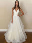 Sexy Affordable Backless V Neck White Long Evening Prom Dresses, Cheap Wedding Dresses, MR7070