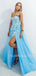 A-Line Tulle Side slit Blue Lace Long Evening Prom Dresses, Cheap Tulle Sweet Dresses, MR7256