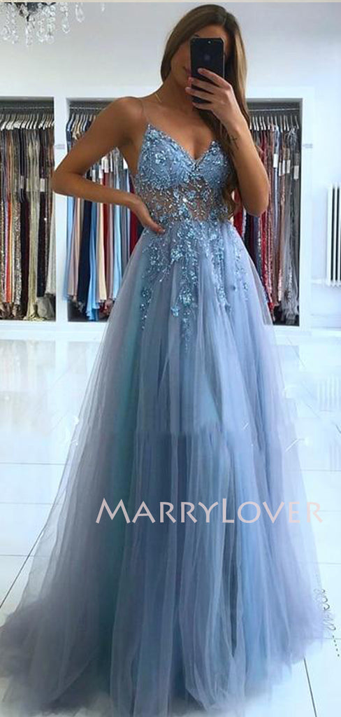 See Through V-neck Champagne Tulle A-line Long Evening Prom Dresses, MR7265