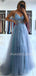 See Through V-neck Champagne Tulle A-line Long Evening Prom Dresses, MR7265