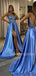 Sexy Backless A-Line Simple Blue Satin Long Evening Prom Dresses, MR7266