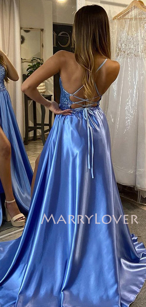 Sexy Backless A-Line Simple Blue Satin Long Evening Prom Dresses, MR7266