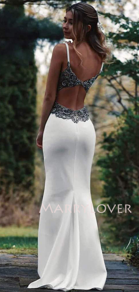 Deep V Neck White Satin Mermaid Backless Long Evening Prom Dresses, Cheap Custom Backless Prom Dresses, MR7269