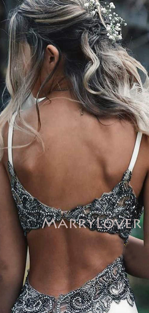 Deep V Neck White Satin Mermaid Backless Long Evening Prom Dresses, Cheap Custom Backless Prom Dresses, MR7269