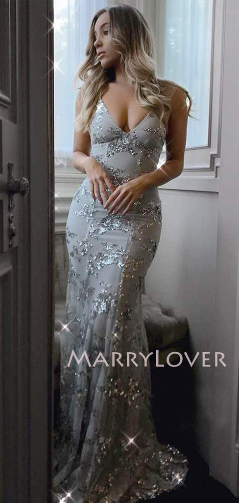 Grey Mermaid Backless Lace Mermaid Long Evening Prom Dresses, MR7271