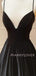 A-Line Backless Black Satin V Neck Long Evening Prom Dresses, Cheap Custom Backless Prom Dresses, MR7279