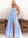Spaghetti Straps Blue Satin A-Line Side Slit Long Evening Prom Dresses, MR7282