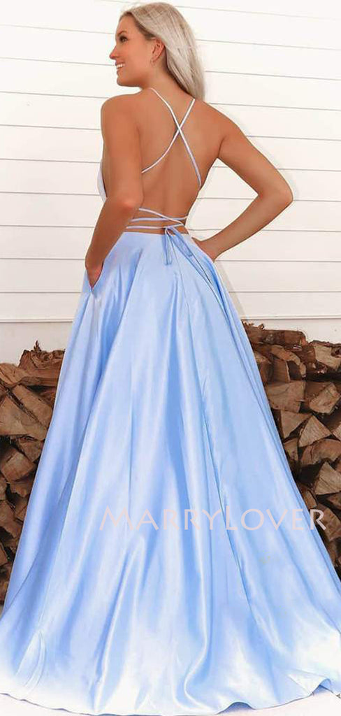 Spaghetti Straps Blue Satin A-Line Side Slit Long Evening Prom Dresses, MR7282