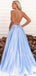 Spaghetti Straps Blue Satin A-Line Side Slit Long Evening Prom Dresses, MR7282