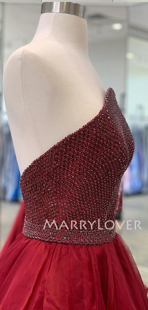 Burgundy Organza A-Line Long Evening Prom Dresses, Cheap Custom Prom Dresses, MR7286