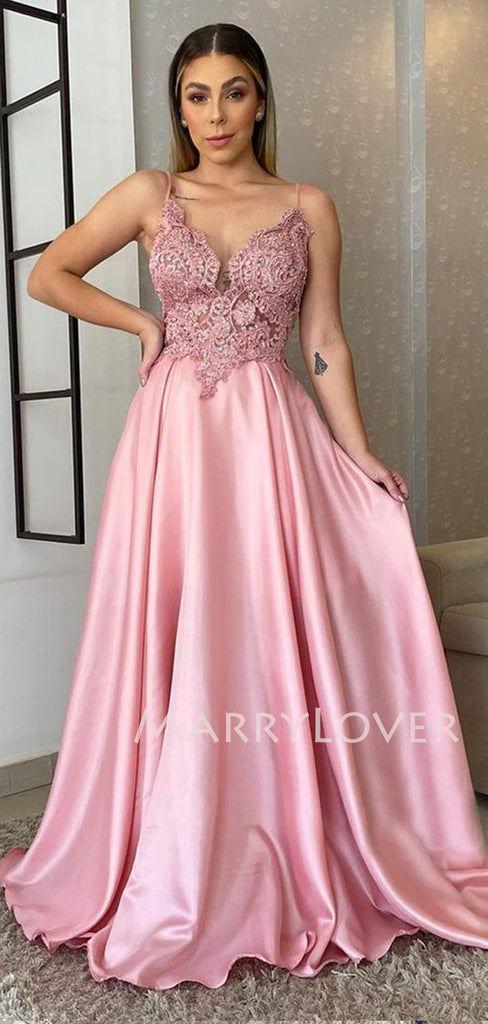 V Neck A-Line Pink Satin Long Evening Prom Dresses, Cheap Custom Prom Dress, MR7314