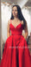 Red Satin V Neck Backless Long Evening Prom Dresses, Cheap Custom prom dresses, MR7319