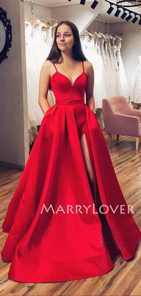 Red Satin V Neck Backless Long Evening Prom Dresses, Cheap Custom prom dresses, MR7319