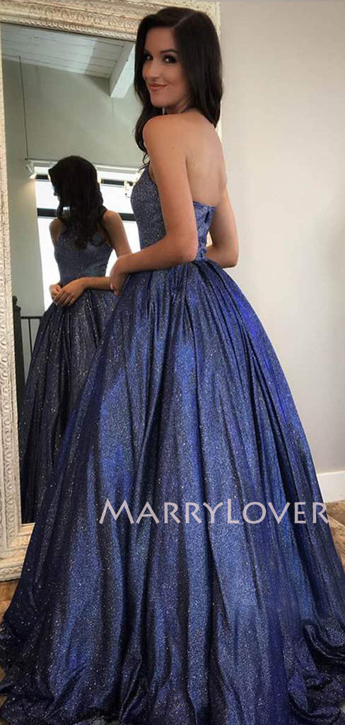 A-Line Backless Navy Blue Sparkle Long Evening Prom Dresses, Cheap Custom Prom Dresses,MR7320
