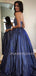 A-Line Backless Navy Blue Sparkle Long Evening Prom Dresses, Cheap Custom Prom Dresses,MR7320