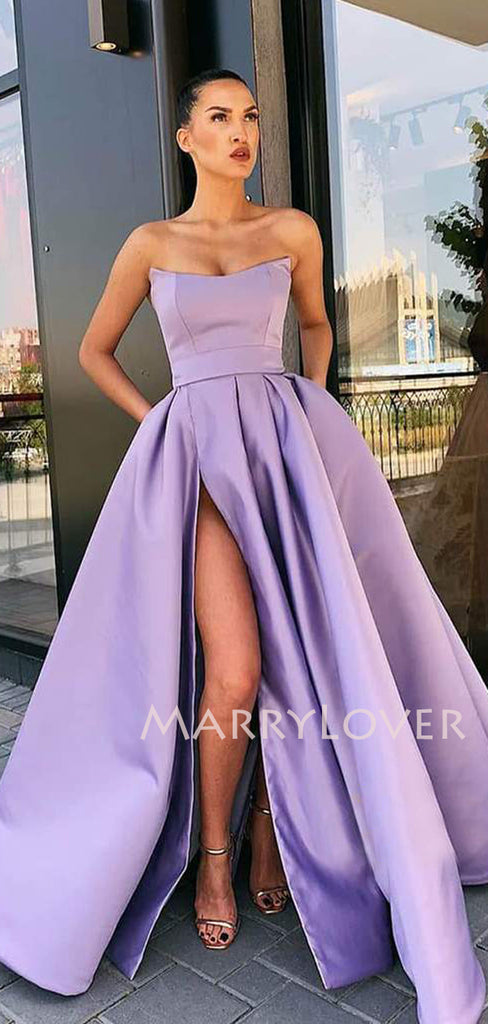 A-Line Dusty Purple Satin Backless Side Slit Long Evening Prom Dresses, Cheap Custom Backless Prom Dresses, MR7322