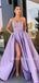 A-Line Dusty Purple Satin Backless Side Slit Long Evening Prom Dresses, Cheap Custom Backless Prom Dresses, MR7322