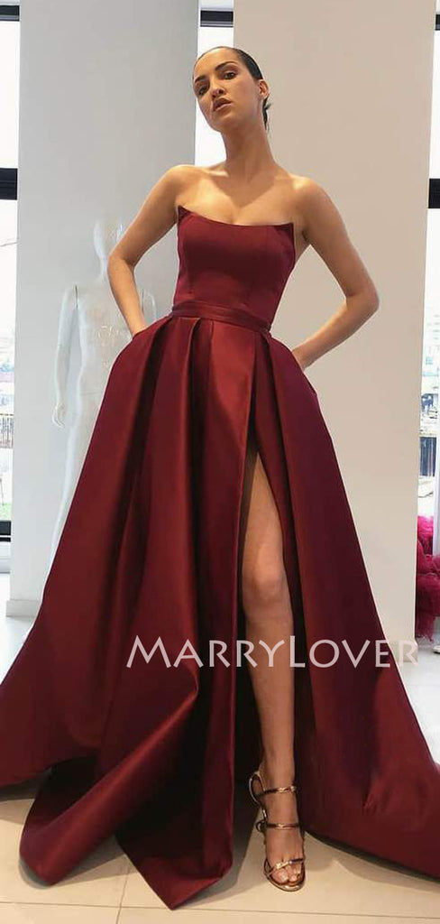 A-Line Dusty Purple Satin Backless Side Slit Long Evening Prom Dresses, Cheap Custom Backless Prom Dresses, MR7322